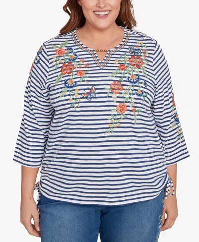 Alfred Dunner Plus Size El Paso Floral Stripe Ruched Sides Top In Blue