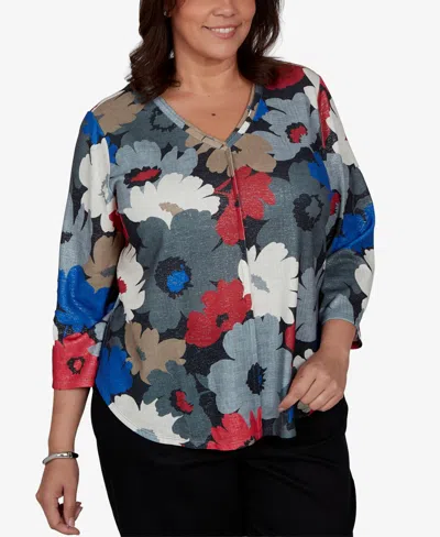 Alfred Dunner Plus Size Floral V-neck 3/4-sleeve Blouse In Red