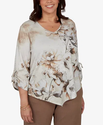 Alfred Dunner Plus Size Floral-print V-neck 3/4-sleeve Blouse In Multi