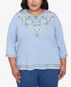 Alfred Dunner Plus Size Flower Power Embroidered Daisy Split Neckline Top In Blue