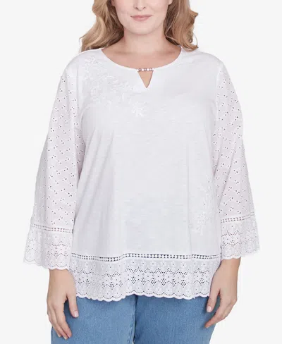 Alfred Dunner Plus Size Flower Power Floral Embroidered Eyelet Trim Top In White