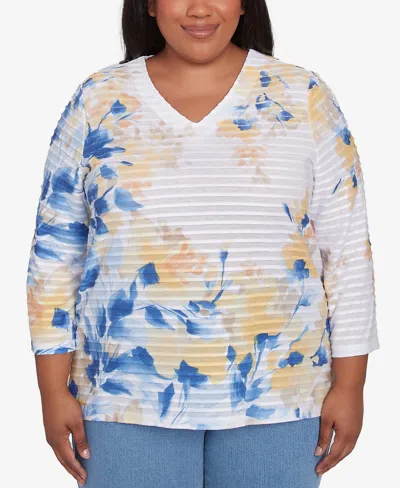 Alfred Dunner Plus Size Flower Power Floral Textured V Neck Top In Multi Blue
