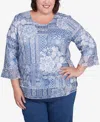 Alfred Dunner Plus Size Flower Power Lacey Floral Patchwork Crew Neck Top In Blue