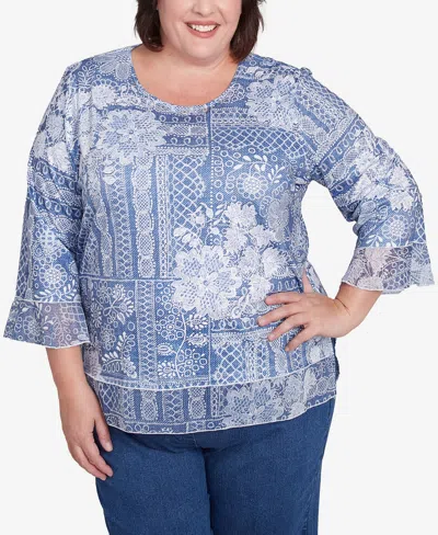 Alfred Dunner Plus Size Flower Power Lacey Floral Patchwork Crew Neck Top In Blue