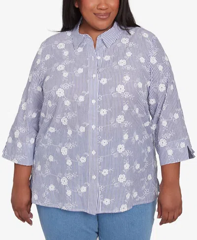 Alfred Dunner Plus Size Flower Power Striped Breezy Floral Applique Collared Top In Blue