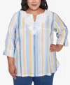 Alfred Dunner Plus Size Flower Power Striped Flower Detail Button Front Top In Multi Blue