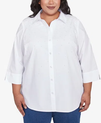 Alfred Dunner Plus Size Flower Power Studded Button Down Collared Top In White