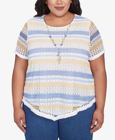 Alfred Dunner Plus Size Flower Power Textured Biadere Fringe Crew Neck Top With Necklace In Multi Blue