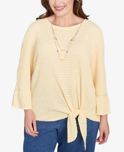 ALFRED DUNNER PLUS SIZE FLOWER POWER TIE FRONT TEXTURED CREW NECK T-SHIRT WITH NECKLACE