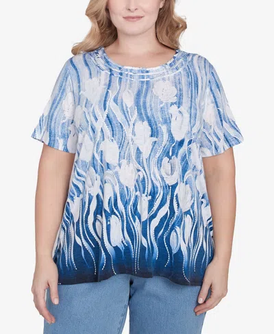 Alfred Dunner Plus Size Flower Power Tulip Border Knotted Neckline T-shirt In Blue