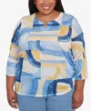 Alfred Dunner Plus Size Flower Power Watercolor Patchwork Geometric Keyhole Neck Top In Multi Blue