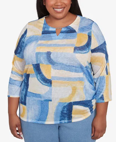 Alfred Dunner Plus Size Flower Power Watercolor Patchwork Geometric Keyhole Neck Top In Multi Blue