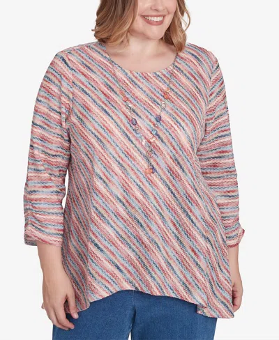 Alfred Dunner Plus Size Free Spirit Diagonal Space Dye Top With Necklace In Coral
