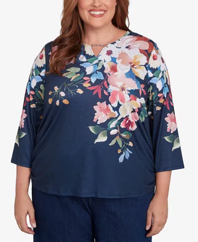 Alfred Dunner Plus Size Free Spirit Floral Knit Ruched Sleeve Top In Navy