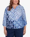 Alfred Dunner Plus Size Free Spirit Ikat Patched Geometric Top In Navy Multi