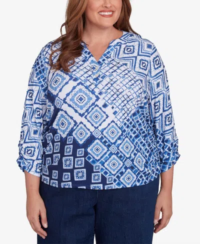 Alfred Dunner Plus Size Free Spirit Ikat Patched Geometric Top In Navy Multi