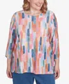 Alfred Dunner Plus Size Free Spirit Mini Ruffle Brushstroke Crew Neck Top In Multi
