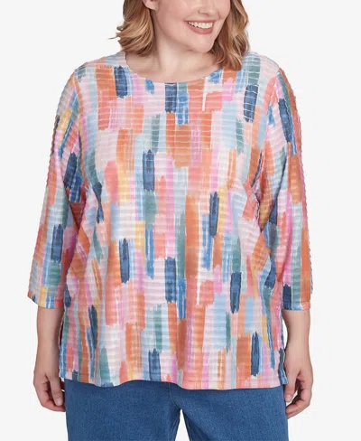 ALFRED DUNNER PLUS SIZE FREE SPIRIT MINI RUFFLE BRUSHSTROKE CREW NECK TOP