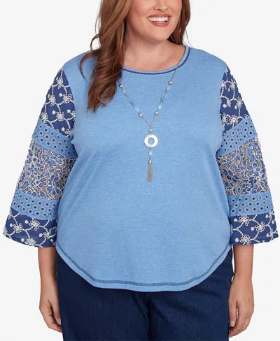 Alfred Dunner Plus Size Free Spirit Patchwork Sleeve Knit Top With Necklace In Blue