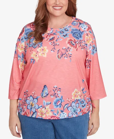 Alfred Dunner Plus Size Free Spirit Showstopping Crew Neck Floral Knit Top In Coral