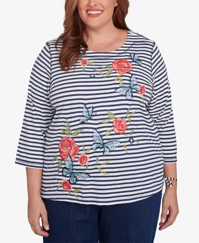 Alfred Dunner Plus Size Free Spirit Striped Butterfly Embroidered Top In Navy Multi