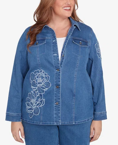 Alfred Dunner Plus Size Free Spirit Super Stretch Floral Denim Jacket In Medium Denim