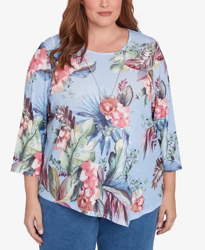 Alfred Dunner Plus Size Free Spirit Tropical Print Knit Top With Necklace In Light Blue