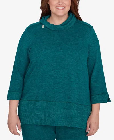 Alfred Dunner Plus Size French Quarter Spliced Ribbed Cowl Neck Solid Top In Jade