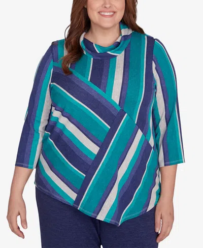 Alfred Dunner Plus Size French Quarter Spliced Stripe Cowl Neck Top In Multi Green