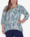 Alfred Dunner Plus Size French Quarter Teal Animal Print Split Neck Top In Multi Green