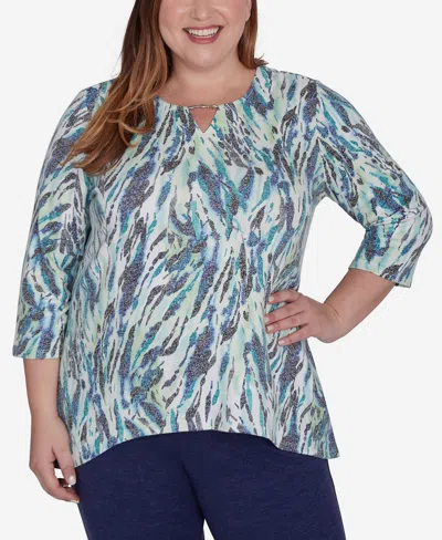 Alfred Dunner Plus Size French Quarter Teal Animal Print Split Neck Top In Multi Green