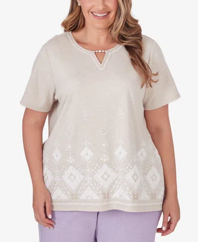 Alfred Dunner Plus Size Garden Party Embroidered Diamond Border Top In Oatmeal Heather