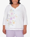 ALFRED DUNNER PLUS SIZE GARDEN PARTY FLORAL EMBROIDERY TOP WITH LACE DETAILS
