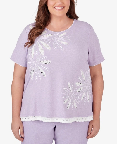 Alfred Dunner Plus Size Garden Party Flower Top With Lace Trim In Lavender