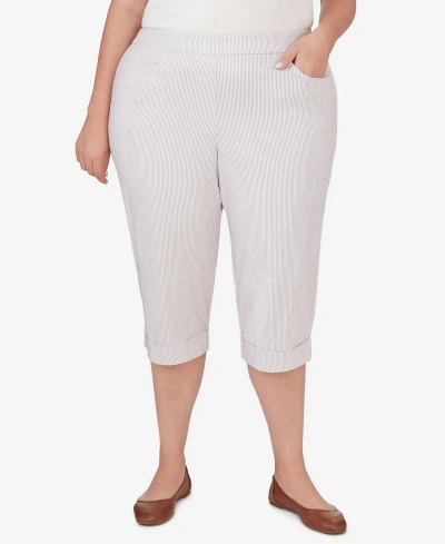Alfred Dunner Plus Size Garden Party Stripe Clamdigger Capri Pants With Cuffed Hem In Stone