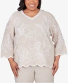 ALFRED DUNNER PLUS SIZE GARDEN PARTY V-NECK EMBROIDERED FLORAL TOP