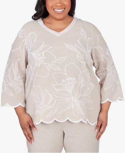 Alfred Dunner Plus Size Garden Party V-neck Embroidered Floral Top In Stone