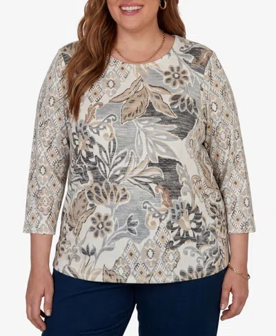 Alfred Dunner Plus Size Geo Leaf Patchwork Knit Top In Neutral