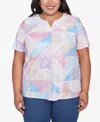 Alfred Dunner Plus Size Geometric Patchwork Crew Neck Top In Pastel