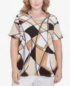 Alfred Dunner Plus Size Geometric Top With Detailed Neckline In Black,tan