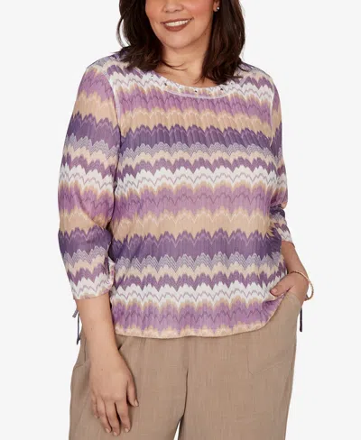 Alfred Dunner Plus Size Grand Bazaar Rippled Stripes Knit Top In Purple