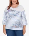 Alfred Dunner Plus Size Hilton Head Applique Flower Tie Dye Stripe Knit Top In Blue