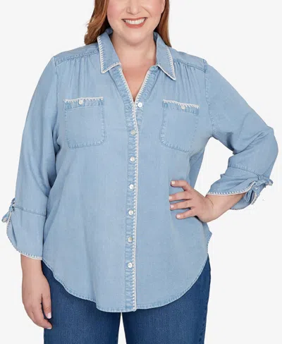 Alfred Dunner Plus Size Hilton Head Blanket Stitch Trim Button-front Top In Blue