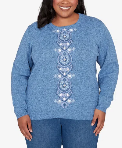 Alfred Dunner Plus Size Hilton Head Center Embroidery Accent Sweater In Blue