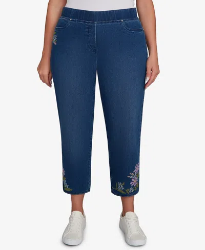 Alfred Dunner Plus Size Hilton Head Cross Stitch Flower Embroidery Ankle Jeans In Blue