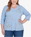 Alfred Dunner Plus Size Hilton Head Cross Stitched Floral Top In Blue