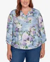 Alfred Dunner Plus Size Hilton Head Denim Floral Applique Henley Top In Multi