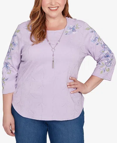 Alfred Dunner Plus Size Hilton Head Embroidered Sleeve Textured Top With Necklace In Purple