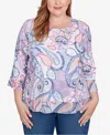 Alfred Dunner Plus Size Hilton Head Paisley Print Layered Hem Knit Top In Multi