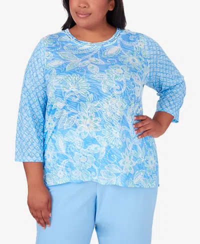 Alfred Dunner Plus Size Hyannisport Crew Neck Floral Top In Cornflower Blue